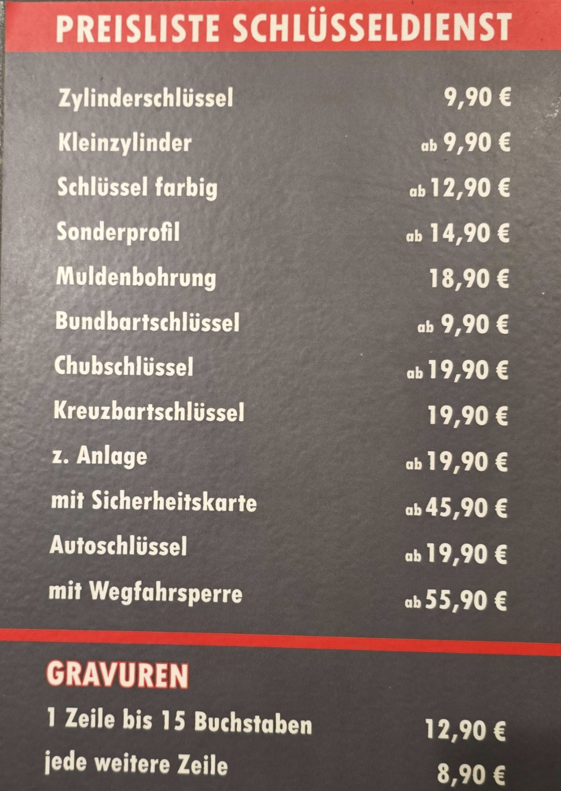 Preisliste Schlüsseldienst & Gravuren